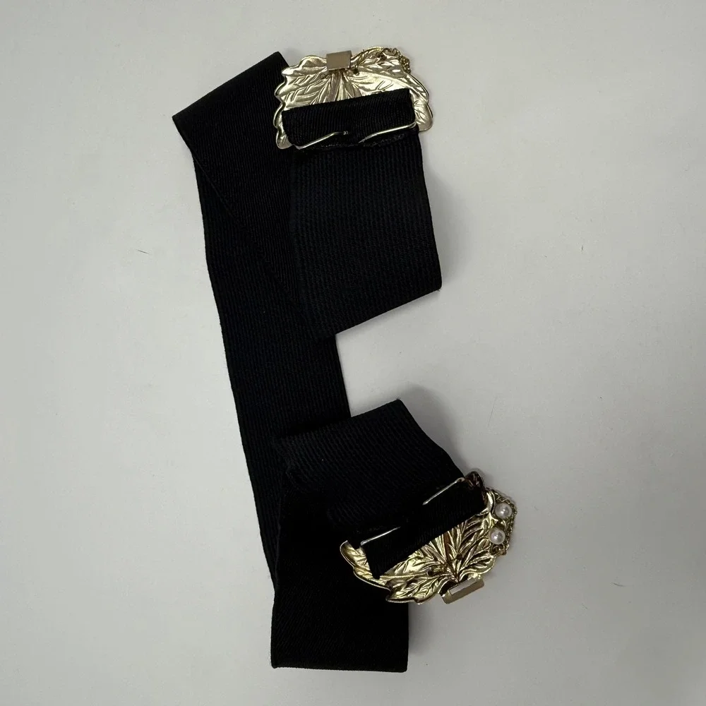 Vtg Gold Leaf Pearl Embellished Stretch Belt Women's Dressy‎ Elastic Waist retro